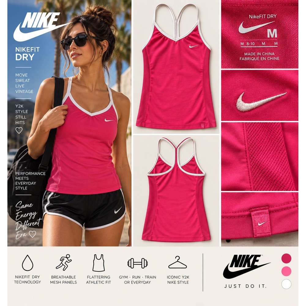 Nike Fit Dry Tank Top Womens M Pink White Racerback Y2K Running Workout Vintage